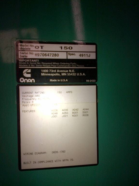 150 Amp. Onan #OT150, transfer switch, 277/480 Volts, 3-phase, S/N H970647280, NEMA 1 - Image 2
