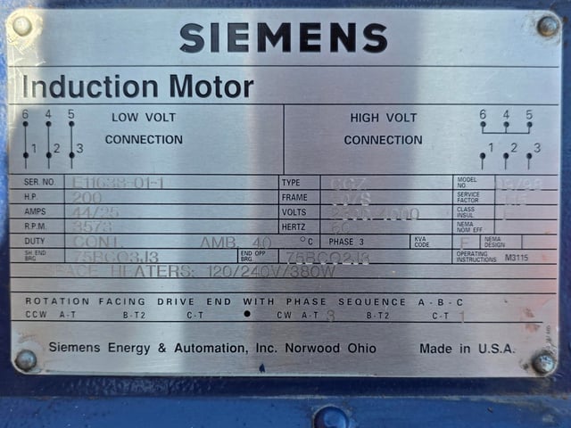 250 HP 3600 RPM Siemens, Frame 507S, TEFC BB, 2300/4000 Volts - Image 2