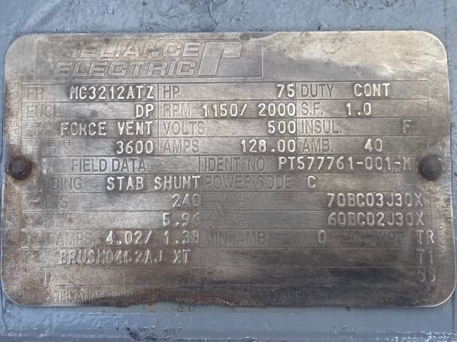 75 HP 1200 RPM Reliance, Frame MC3212ATZ, DPFVBB, 500 VA - Image 3