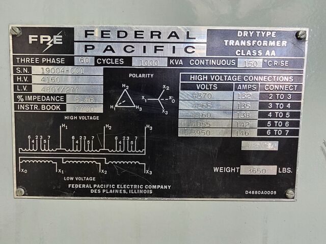 1000 KVA 4160 Primary, 480Y/277 Secondary, Federal Pacific, transformer, 3-phase, PCI PCLI0502 switchgear - Image 2