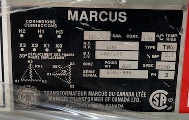 112.5 KVA 600 Delta Primary, 480/277 Secondary, Marcus, Isolation Type - Image 4