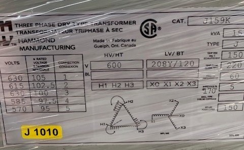 15 KVA 600 Delta Primary, 208Y/120 Wye Secondary, Hammond, Isolation Type - Image 3
