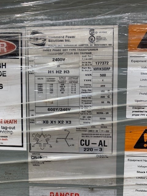 500 KVA 2400 Delta Primary, 600Y/346 Wye Secondary, Hammond, Isolation Type - Image 3