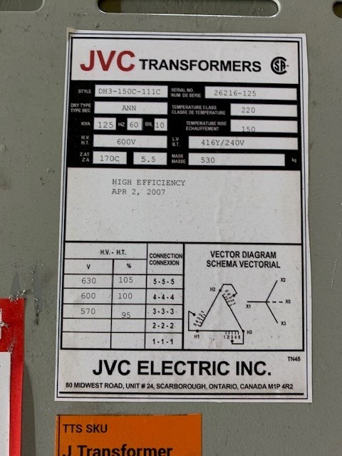 125 KVA 600 Delta Primary, 416Y/240 Secondary, Jvc Transformers JVC, Isolation Type - Image 3