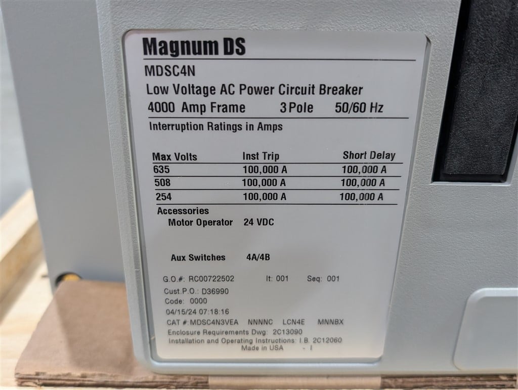 4000 Amps, Eaton, Magnum DS, MDSC4N3VEANNNNCLCN4EMNNBX, 600 Volts, 3 Pole, 100 kA, New in Box - Image 4