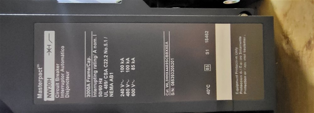 3000 Amps, Square D, Masterpact NW30H, WL3HHX44A9SCBBXXEA, 600 Volts, 3 Pole, Micrologic 6.0A LSIG, New - Image 6