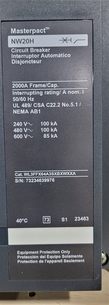 2000 Amps, Square D, Masterpact NW20H, WL3FFX64A3SXBXWXXA, 600 Volts, 3 Pole, Micrologic 6.0P LSIG, New - Image 5