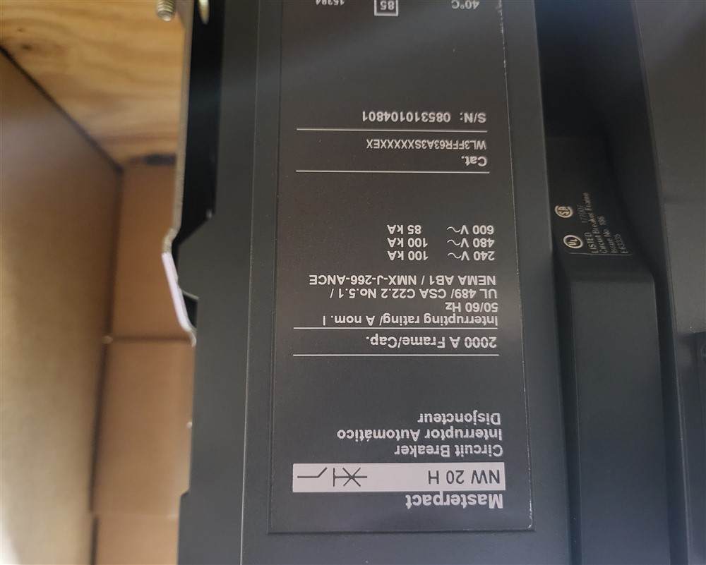 2000 Amps, Square D, Masterpact NW20H, WL3FFR63A3SXXXXXEX, 600 Volts, 3 Pole, Micrologic 5.0P LSI, New - Image 5