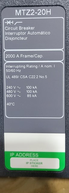 2000 Amps, Square D, Masterpact MTZ2-20H, ECGKCANANNNNNNNNNSBBNNNN, 600V., 3 Pole, Micrologic 5.0 LSIG, New - Image 4