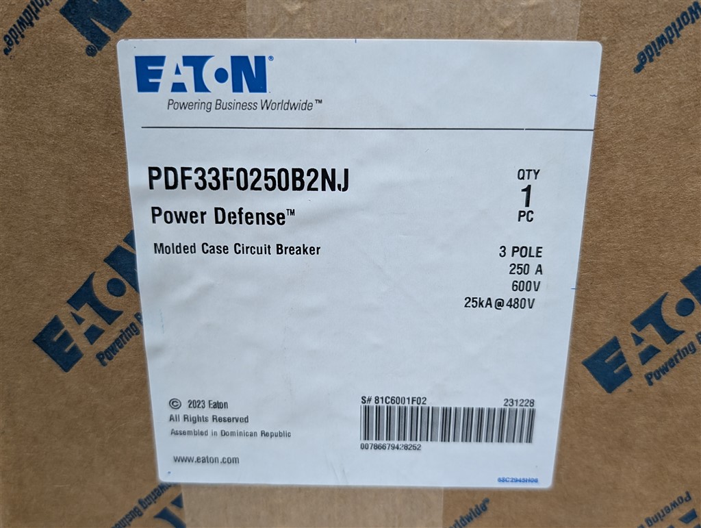 250 Amps, Eaton, Power Defense PDF3, PDF33F0250B2NJ, 600V., 3 Pole, T281 LSI, New in Box - Image 2