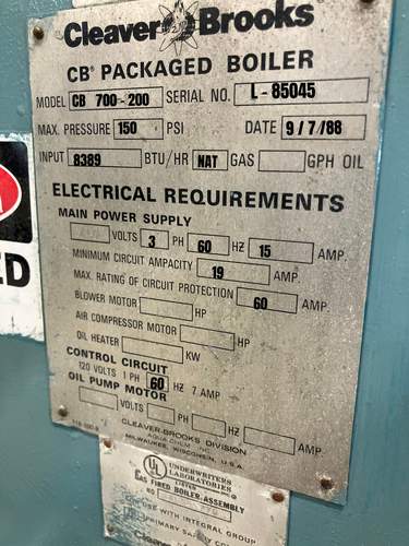 200 HP, 150 PSI, Cleaver Brooks #CB700-200, Packaged Steam Boiler - Image 3