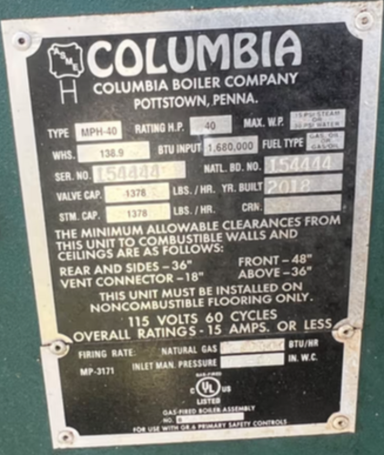 40 HP Columbia #MPH-40, Horizontal Firebox Steam Boiler, Low Pressure, Natural Gas, 15 psi steam, 30 psi - Image 2