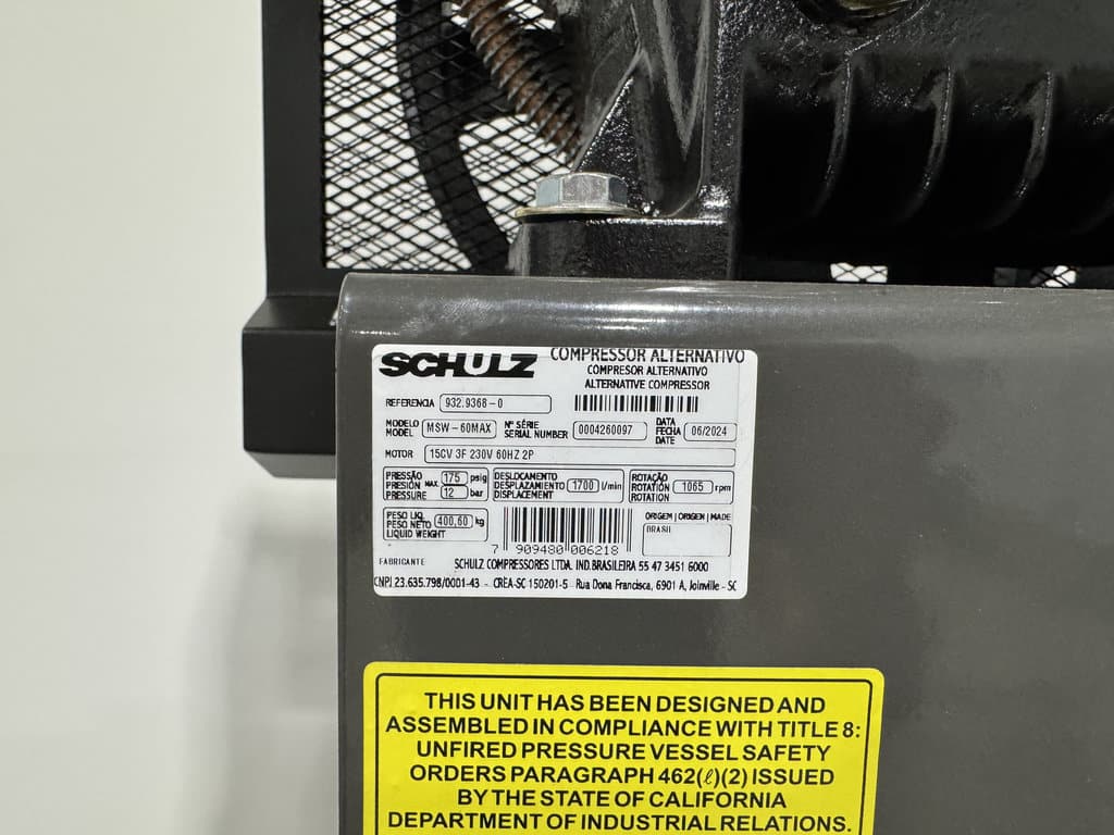 60 cfm, 175 psi, Schulz #15120HW60X-3, piston air compressor, 15 HP, 208-230/460 V., new - Image 9