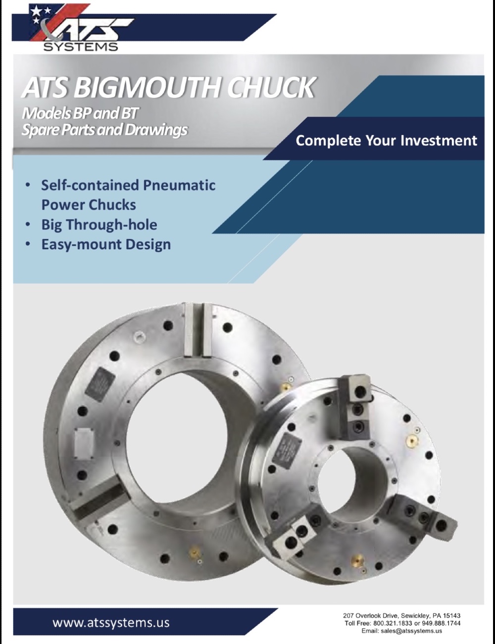 19" ATS #BT-7.3-ES, (19" outside dimension 7.3 ID) 3-jaw air chuck - Image 4