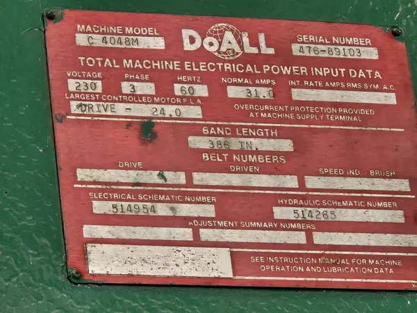 40" x 40" DoAll #C4048M, dual post automatic horizontal band saw, 33'  2.625"  .063" blade, 30 HP, 1990 - Image 2