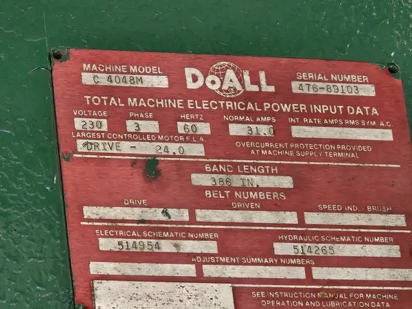 40" x 40" DoAll #C4048M, dual post automatic horizontal band saw, 33'  2.625"  .063" blade, 30 HP, 1990 - Image 3