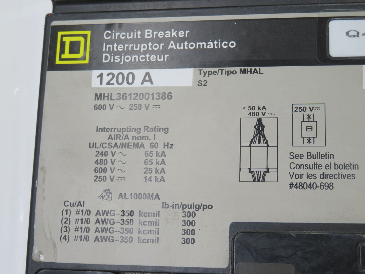 1200 Amps, Square D MHL3612001386, MCCB, 3-Pole, 600 Volts AC, 65 KA IC - Image 3
