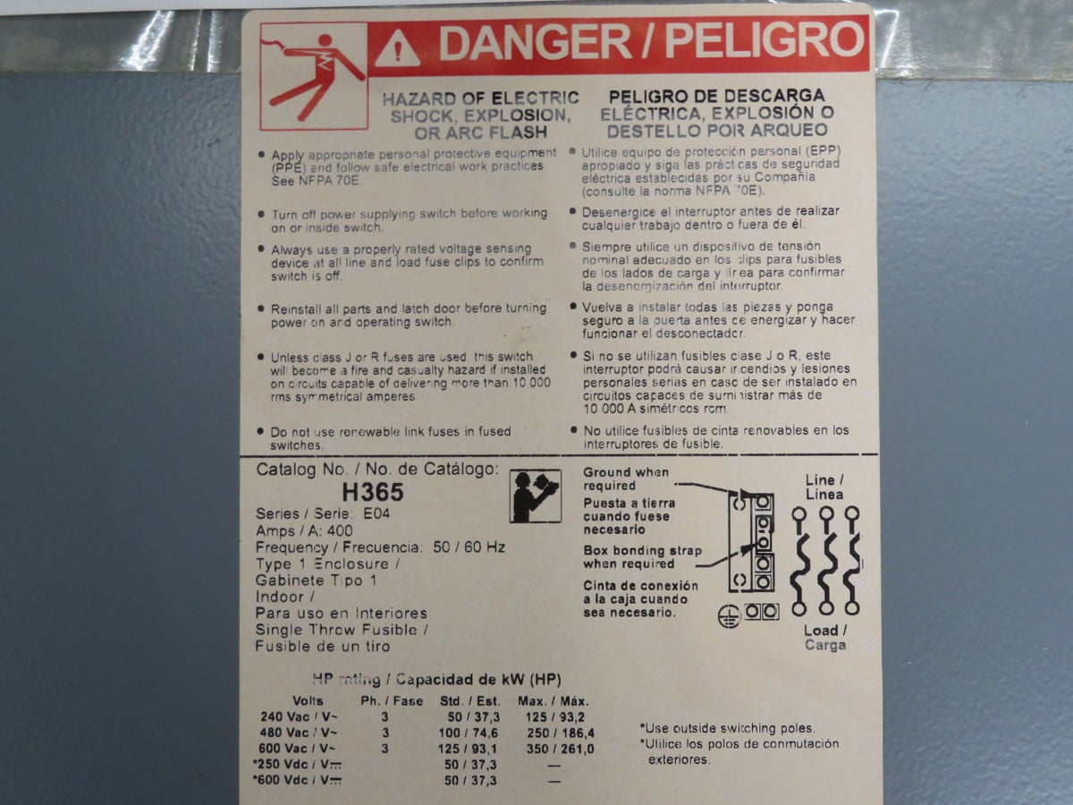 400 Amp. Square D, H365, Fusible Disconnect Switch, 3 Pole, 600 Volts - Image 5