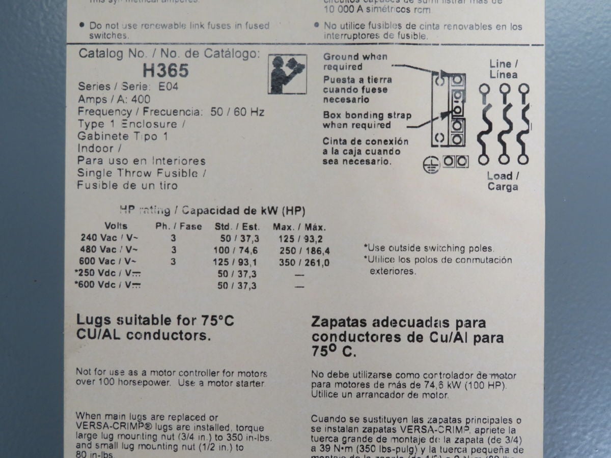 400 Amp. Square D, H365, Fusible Disconnect Switch, 3 Pole, 600 Volts - Image 6