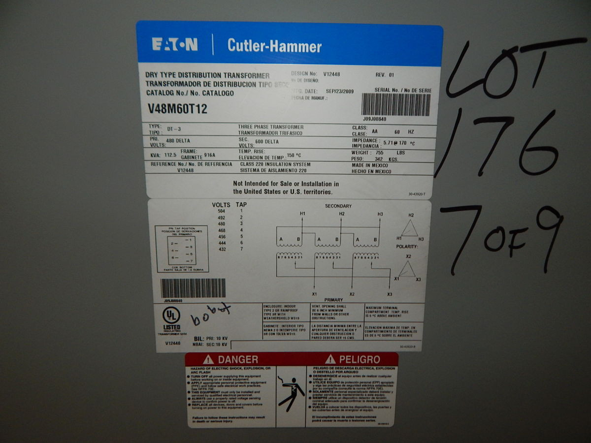 112.5 KVA 480 Primary, 208Y/120 Secondary, Eaton V48M60T12, dry type transformer, 3 Phase - Image 3