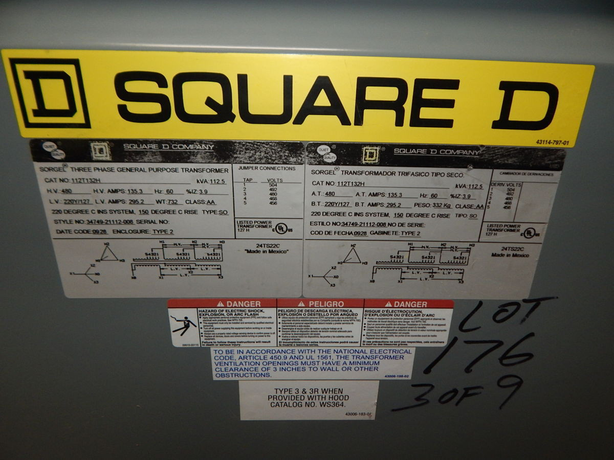 112.5 KVA 480 Primary, 208Y/120 Secondary, Square D 112T132H, dry type transformer, 3 Phase - Image 3