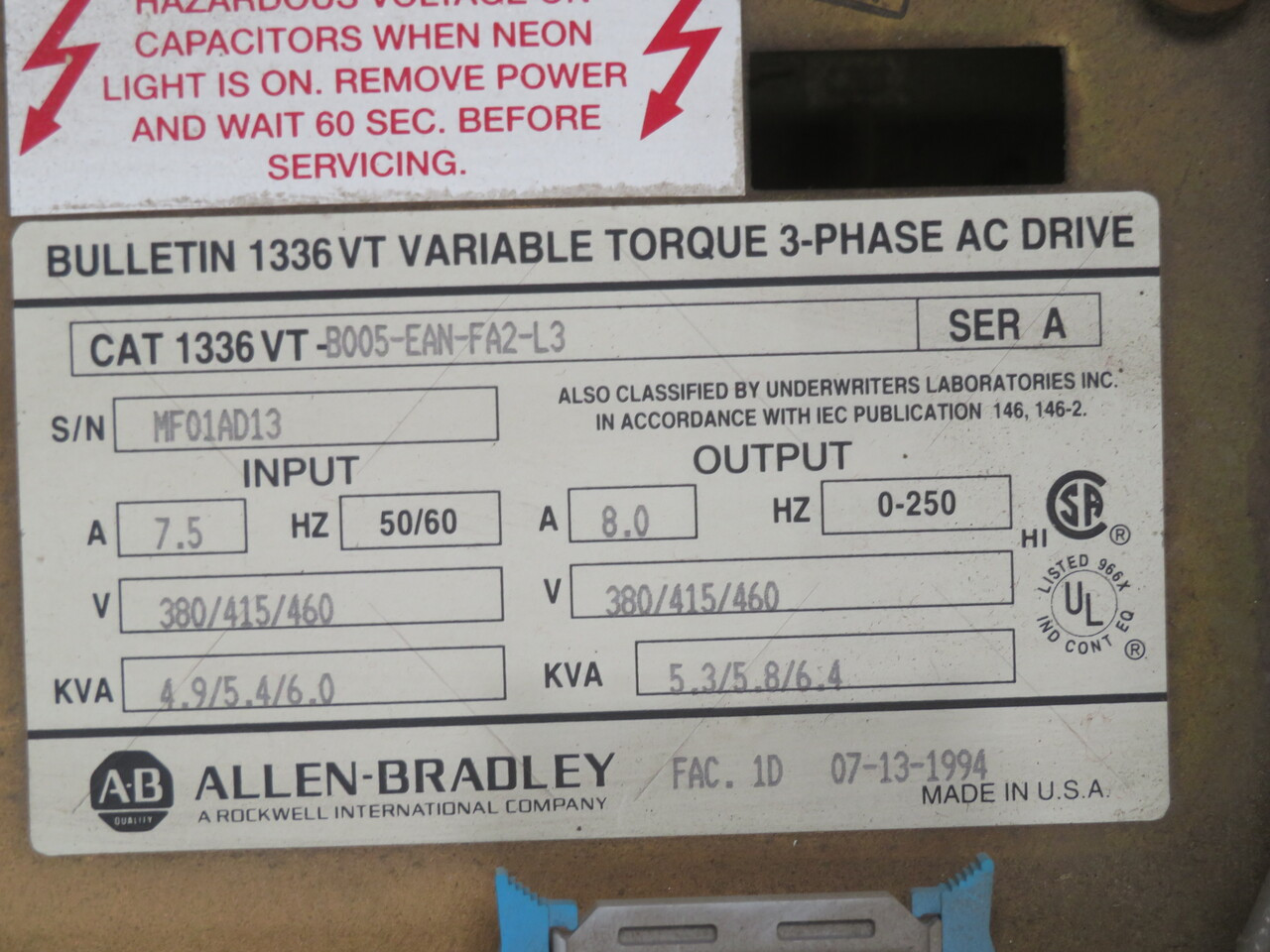 5 HP Allen-Bradley, 1336 VT-8005-EAN-FA2-L3, Variable Frequency Drive, 380-460 Volts Input (2 available) - Image 3