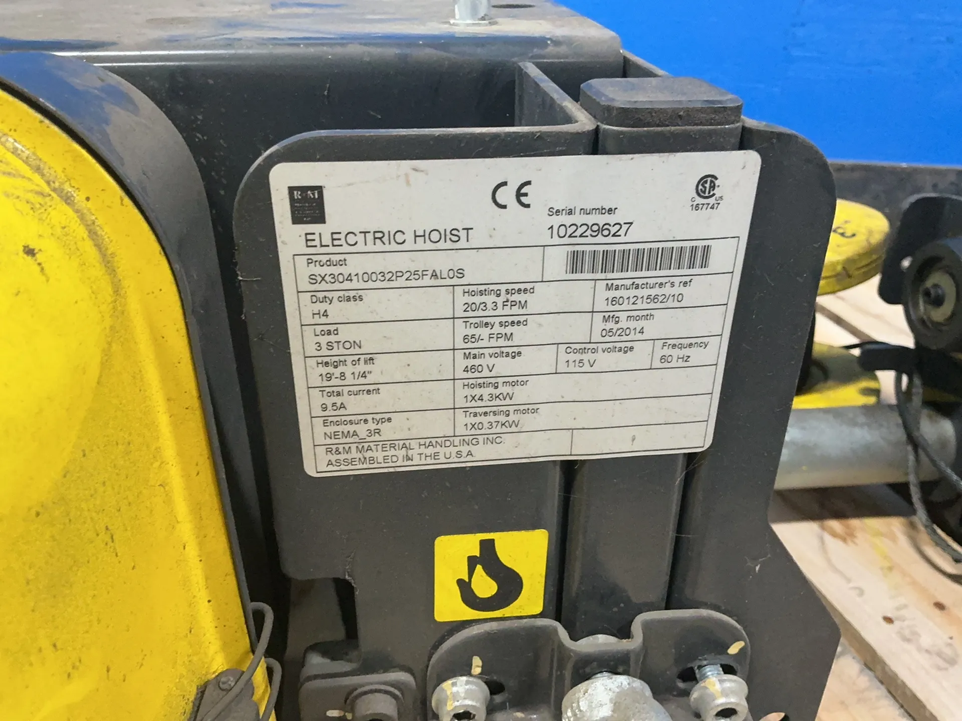 3 Ton, R & M #SX30410032P25FAL0S, Electric Chain Hoist, 19' 8" Lift Height, 20/3.3 FPM, 2014 (3 available) - Image 4