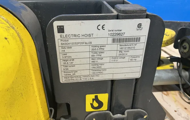 3 Ton, R & M #SX30410032P25FAL0S, Electric Chain Hoist, 19' 8" Lift Height, 20/3.3 FPM, 2014 (3 available) - Image 9