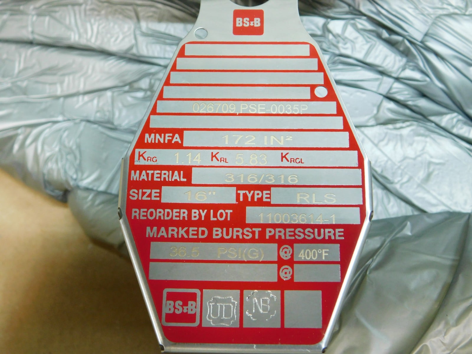 16 BS & B #RLS, Rupture Disk, 316 Stainless Steel, 36.5 PSIG, 1.14 KRG, 5.83 KRL, new - Image 2
