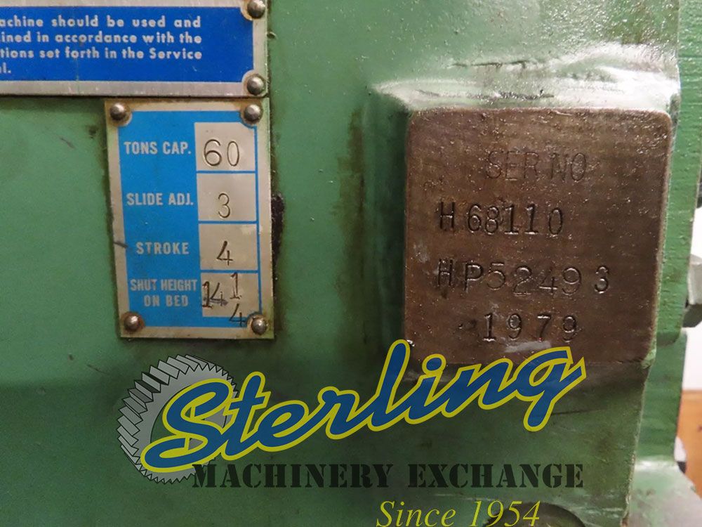60 Ton, Bliss #C-60, OBI flywheel press, 4" stroke, 11.5" throat, 14.25" Shut Height, 3" adj., 15" open, 100 - Image 7