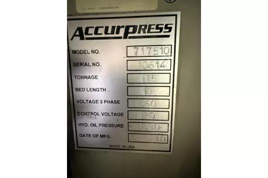 175 Ton, Accurpress #717510, CNC Hydraulic Press Brake, 120" bed length, 100" between frames, 8" ram stroke - Image 8