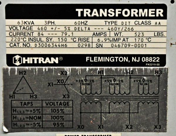 63 KVA 460Delta Primary, 460Y/266 Secondary, Hitran, Transformer, 3ph - Image 4