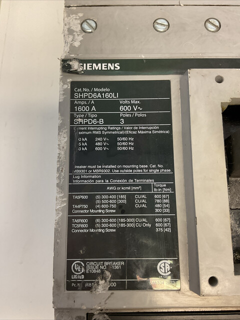 1600 Amp Siemens #SHPD6A16DLI, Sensitrip IV Electronic Circuit Breaker - Image 2