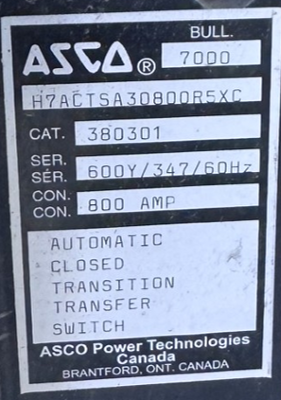 800 Amp, ASCO, 600Y/347/ 60 Hz Automatic Closed Transition Transfer Switch - Image 5