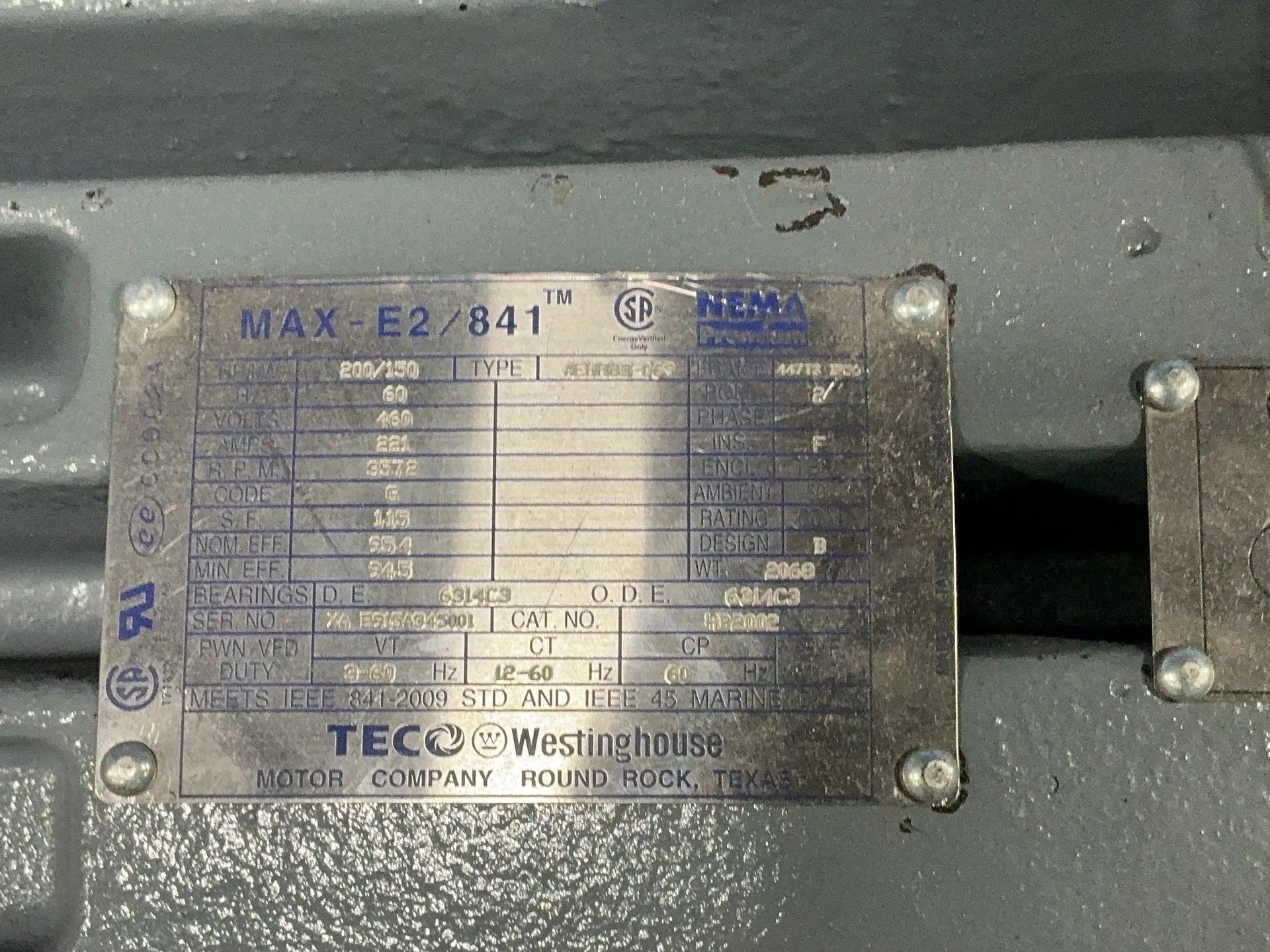 200 HP 3572 RPM Teco Westinghouse #AEHH8B-069, AC Gear Motor, Frame 447TS, IP56, 460 Volts, 3 phase - Image 4