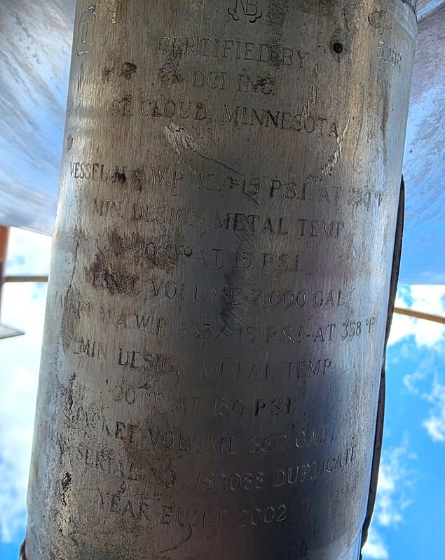 7000 gallon DCI, sanitary Stainless Steel jacketed mix tank, 15 psi/FV @ 250°F, 8' 6" diameter x 16' T/T - Image 10