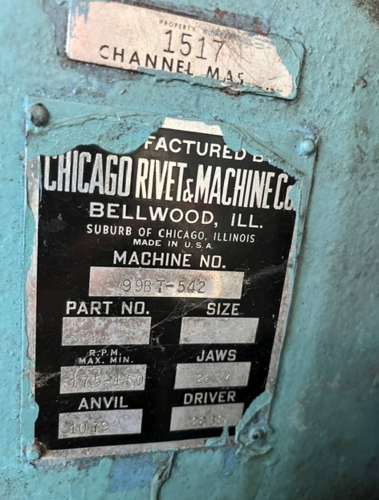 Chicago #99BT, 3/16" dia., for long rivet - 3" max length, 4-1/2" stroke, 12" throat, continuous blade feed - Image 2