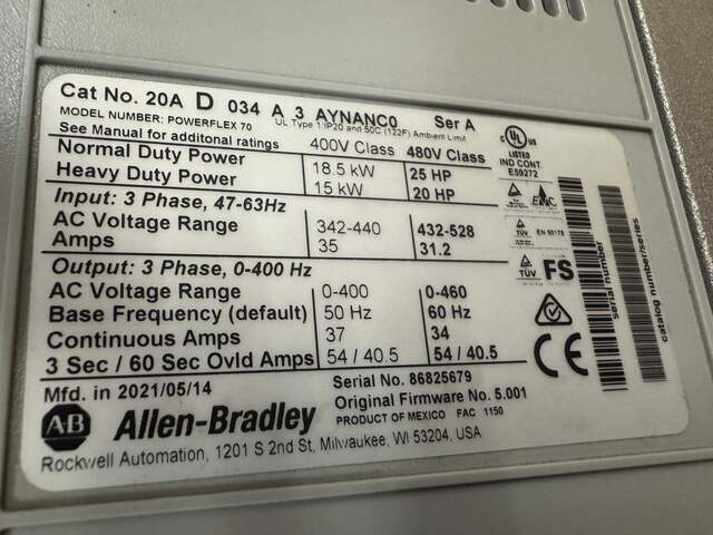 25 HP Allen-Bradley #20AD034A3AYNANC0, PowerFlex 70, AC Drive, 480 Volts, 3 phase - Image 7
