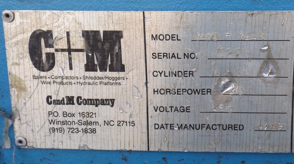 C & M C+M #3430-7248, Closed-Door Baler, Feed Opening 30" x 34", 8" Cylinder, 30 HP - Image 4