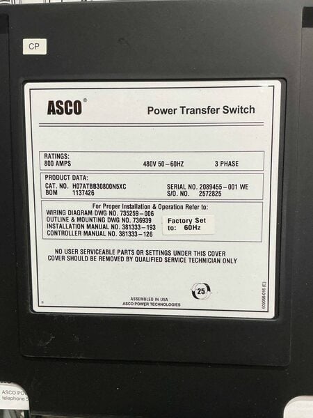 800 Amp. Asco #H07ATBB30800N5XC, Automatic Transfer Switch, 480 Volt, NEMA 1 enclosure, 3PH - Image 3