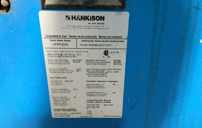 3000 scfm, 100 psig, Hankison #HPRP3000, Refrigerated Compressed Air Dryer, R-404a, 460 V. - Image 5