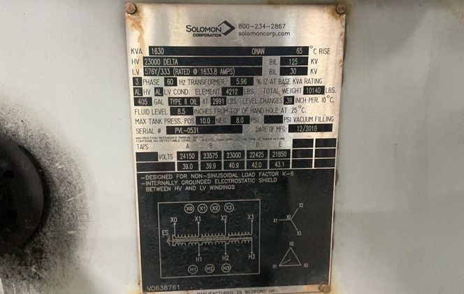 1630 KVA 23000 Primary, 576 Secondary, Solomon #23GE, Liquid Filled Distribution Transformer, 3PH, 2016 - Image 4