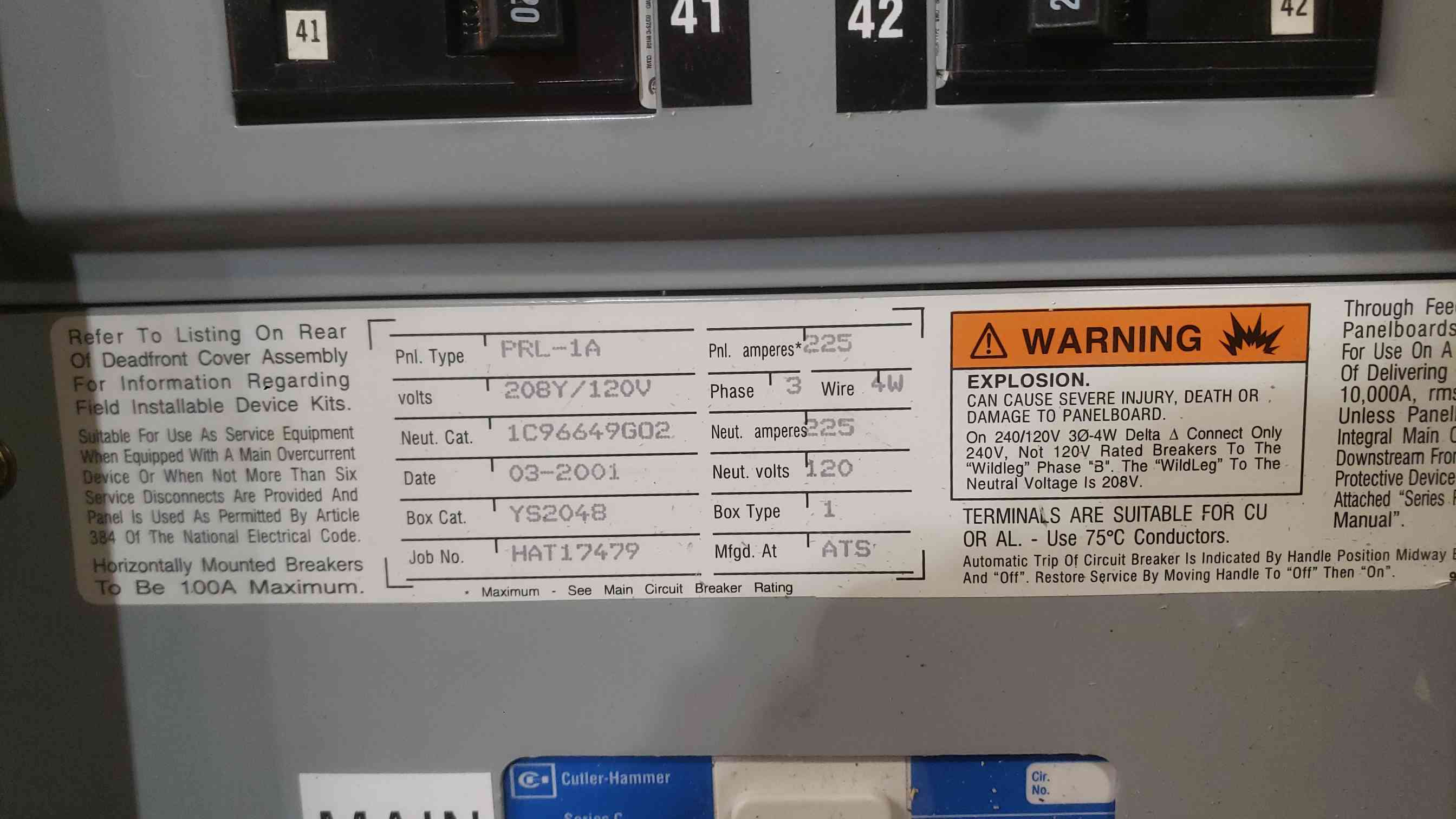 225 Amp. Cutler-Hammer, PRL1A, Pow-R-Line Panelboard, 120/208V, 3PH, 42-Circuit, w/ Bolt-On Breakers - Image 6