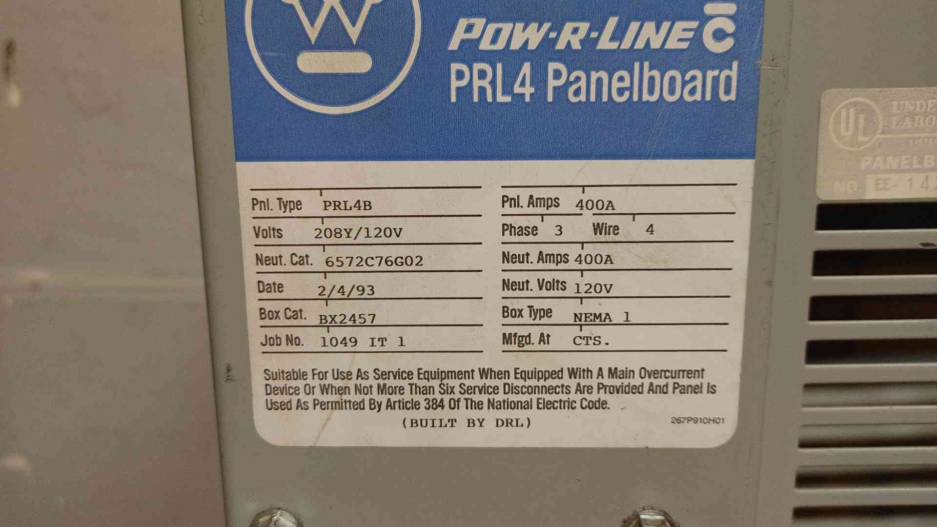 400 Amp. Westinghouse, PRL4B, Pow-R-Line Panelboard, 208Y/120VAC, 3PH, 4W - Image 5