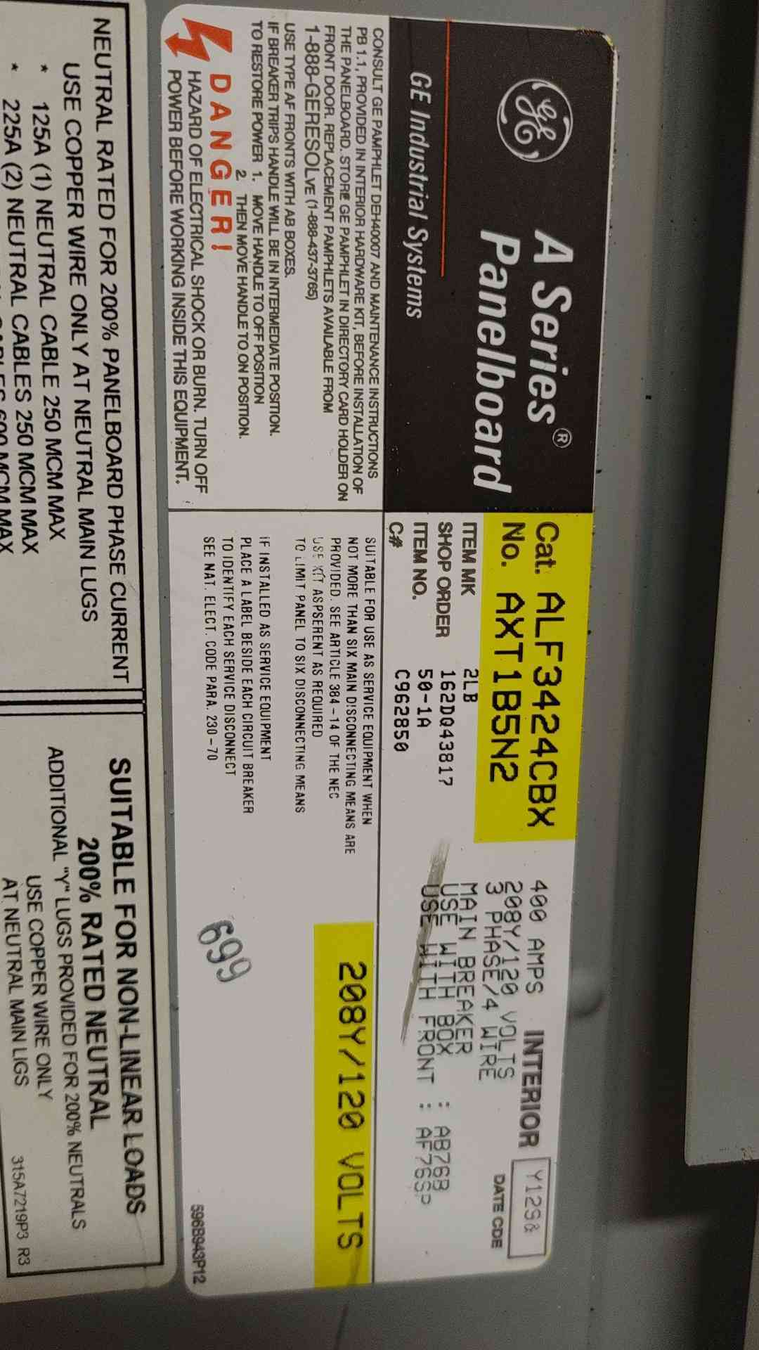 400 Amp. General Electric, A Series, Panelboard, 208/120V, 3PH, w/ Main Breaker (8 available) - Image 5