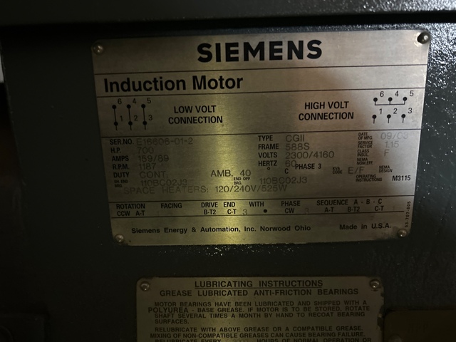 700 HP 1200 RPM Siemens, Frame 588S, weather protected enclosure type 2, 2300/4160 Volts, new - Image 2