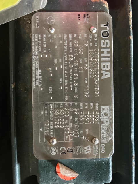75 HP 1200 RPM Toshiba, Frame 405T, TEFC, 460 Volts - Image 2