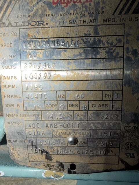 60 HP 1185 RPM Baldor, Frame 404TC, TEFC, 230/460 Volts, new - Image 1