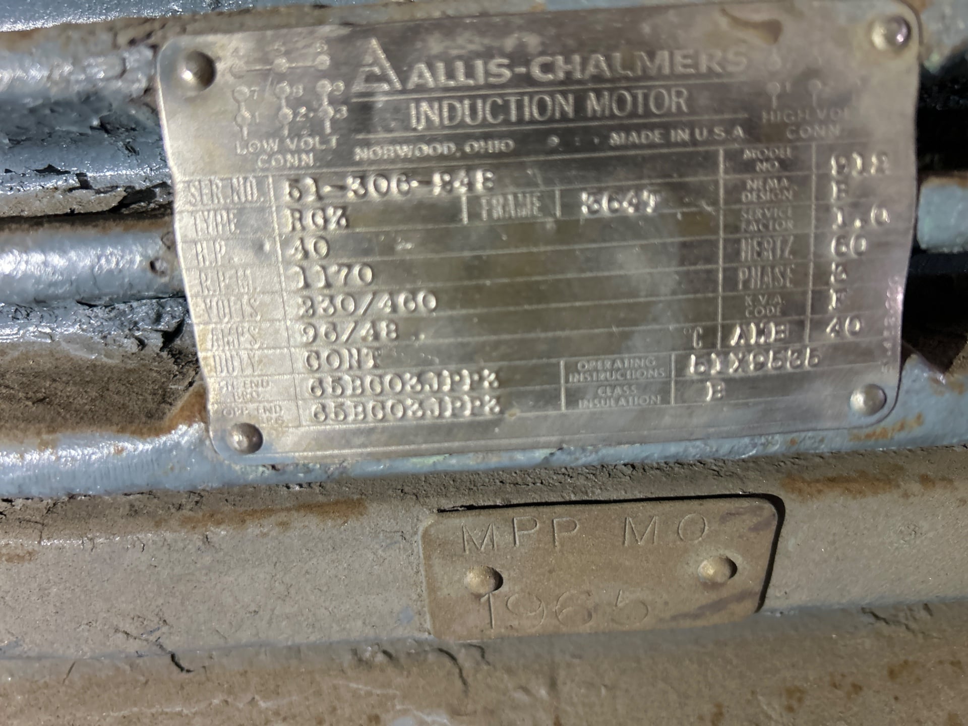 40 HP 1200 RPM Allis-Chalmers, Frame 364T, TEFC, 230/460 Volts, reman. - Image 1