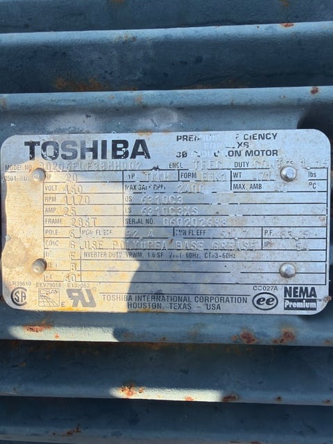 20 HP 1170 RPM Toshiba, Frame 286T, TEFC, 460 Volts - Image 1